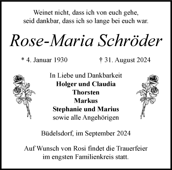 Traueranzeige von Rose-Maria Schröder von Schleswig-Holsteinische Landeszeitung