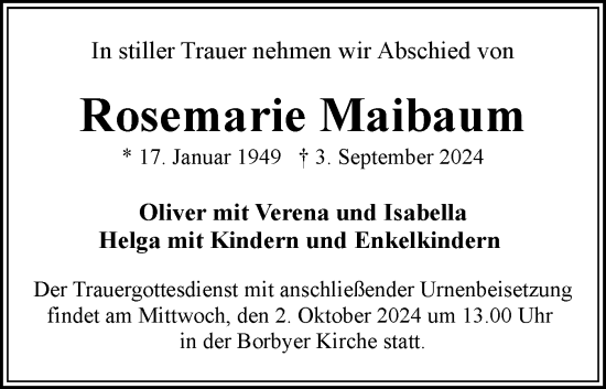 Traueranzeige von Rosemarie Maibaum von Eckernförder Zeitung, Hallo Eckernförde