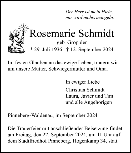 Traueranzeige von Rosemarie Schmidt von Region Pinneberg und tip Pinneberg