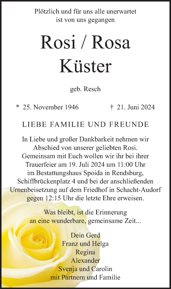 Traueranzeige von Rosi Küster von Schleswig-Holsteinische Landeszeitung