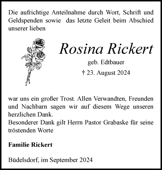 Traueranzeige von Rosina Rickert von Schleswig-Holsteinische Landeszeitung