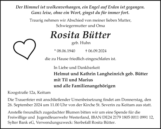 Traueranzeige von Rosita Bütter von Sylter Rundschau