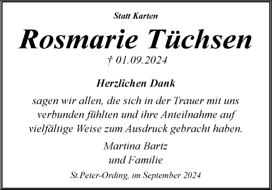 Traueranzeige von Rosmarie Tüchsen von Husumer Nachrichten, Nordfriesland Tageblatt