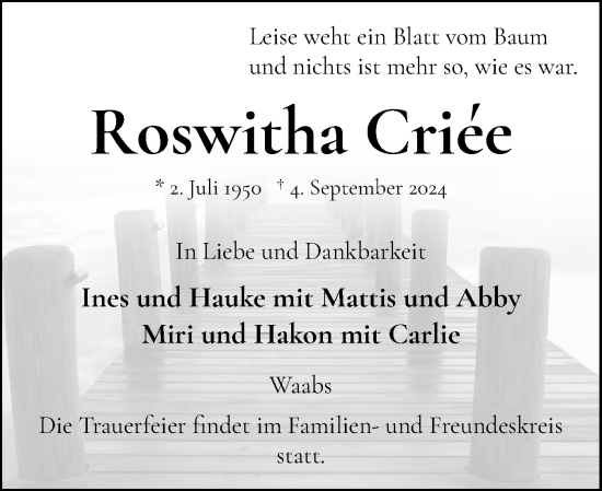 Traueranzeige von Roswitha Criee von Eckernförder Zeitung, Hallo Eckernförde