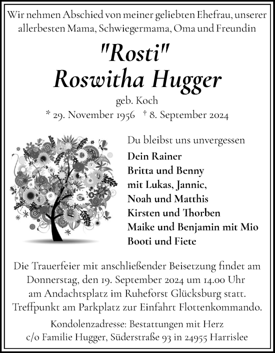 Traueranzeige von Roswitha Hugger von Flensburger Tageblatt