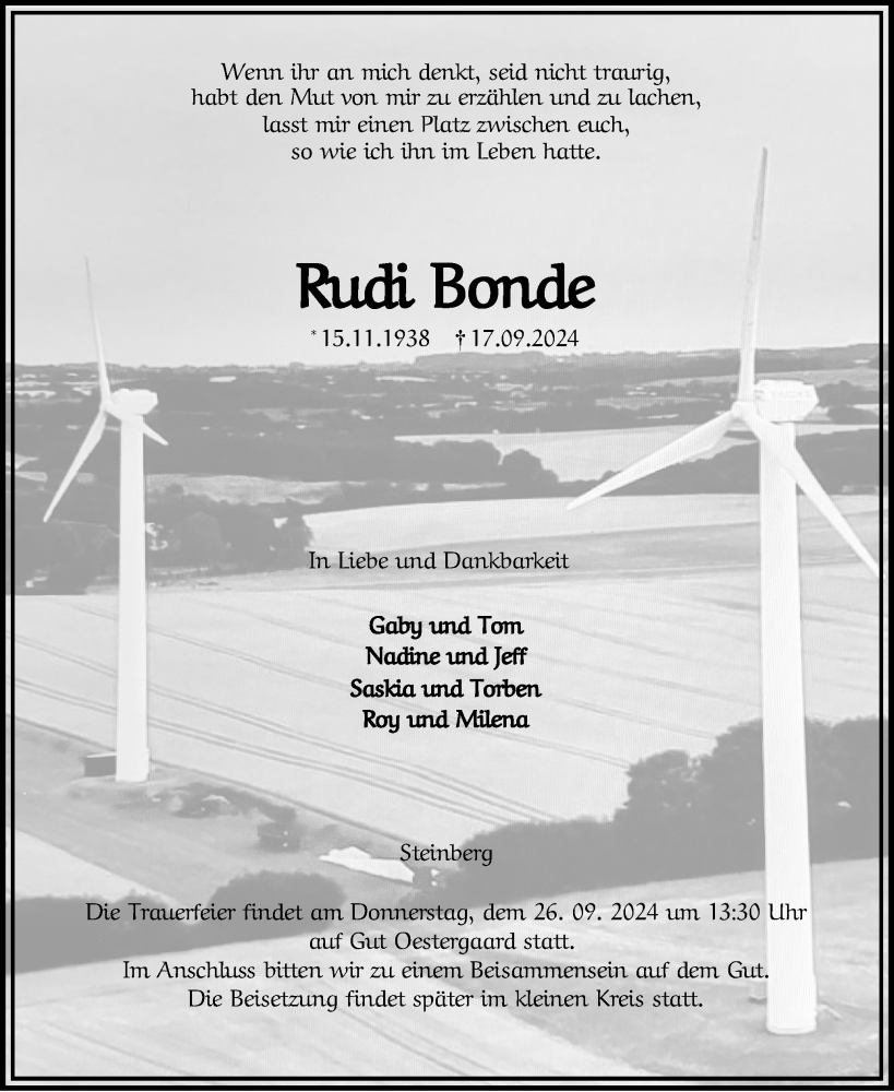  Traueranzeige für Rudi Bonde vom 21.09.2024 aus Region Flensburg
