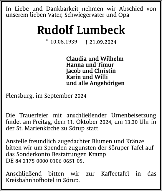 Traueranzeige von Rudolf Lumbeck von Flensburger Tageblatt