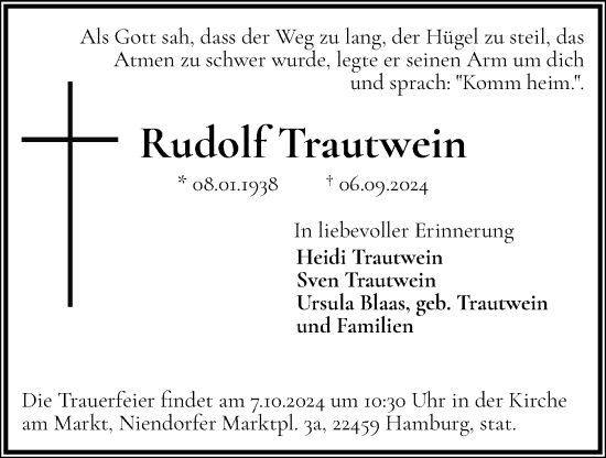 Traueranzeige von Rudolf Trautwein von Husumer Nachrichten, Nordfriesland Tageblatt