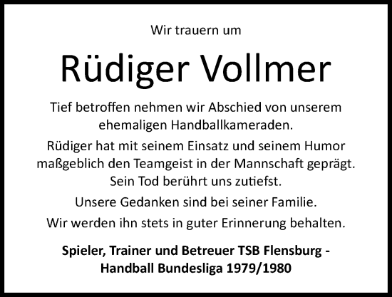 Traueranzeige von Rüdiger Vollmer von Flensburger Tageblatt