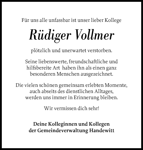 Traueranzeige von Rüdiger Vollmer von Flensburger Tageblatt