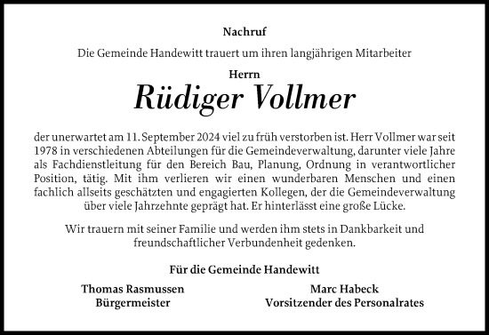 Traueranzeige von Rüdiger Vollmer von Flensburger Tageblatt