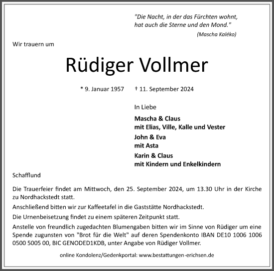 Traueranzeige von Rüdiger Vollmer von Flensburger Tageblatt