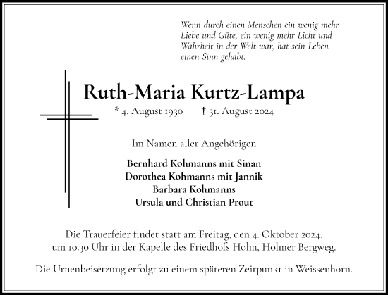 Traueranzeige von Ruth-Maria Kurtz-Lampa von Wedel-Schulauer Tageblatt, tip Wedel-Schulauer Tageblatt, tip Rissener Rundschau