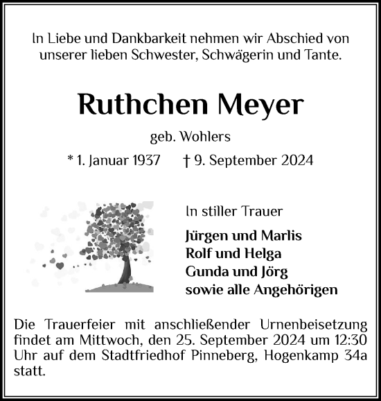 Traueranzeige von Ruthchen Meyer von Region Pinneberg und tip Pinneberg