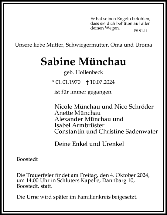 Traueranzeige von Sabine Münchau von Holsteinischer Courier