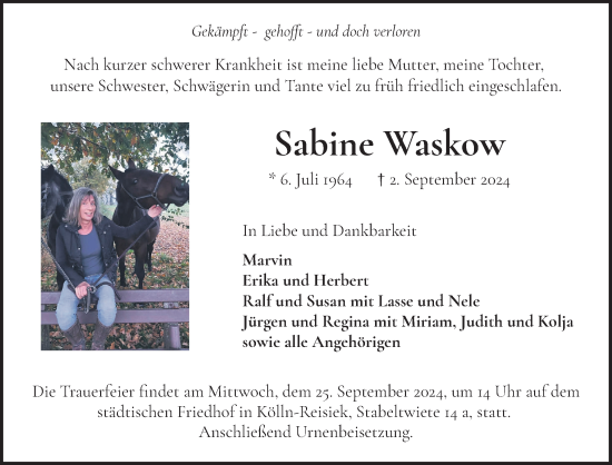 Traueranzeige von Sabine Waskow von Elmshorner Nachrichten, Barmstedter Zeitung