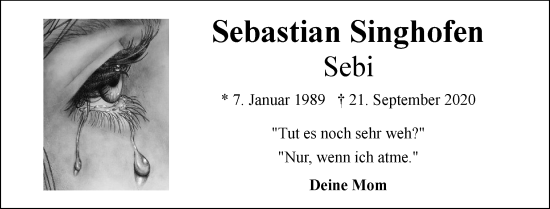 Traueranzeige von Sebastian Singhofen von Flensburger Tageblatt, Schleswiger Nachrichten, Schlei-Bote