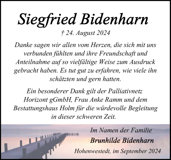 Traueranzeige von Siegfried Bidenharn von Schleswig-Holsteinische Landeszeitung