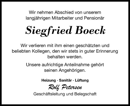 Traueranzeige von Siegfried Boeck von Schleswig-Holsteinische Landeszeitung