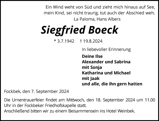 Traueranzeige von Siegfried Boeck von Schleswig-Holsteinische Landeszeitung