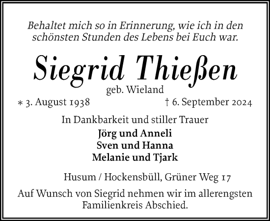 Traueranzeige von Siegrid Thießen von Husumer Nachrichten, Nordfriesland Tageblatt