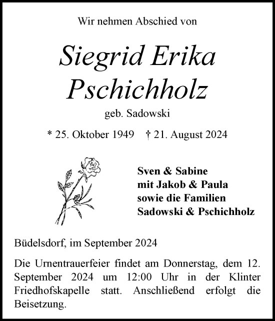 Traueranzeige von Siegrid Erika Pschichholz von Schleswig-Holsteinische Landeszeitung