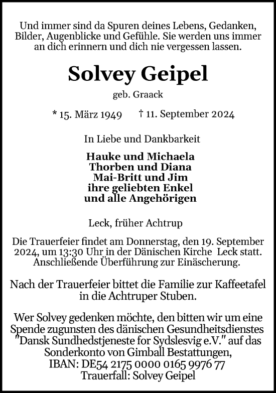 Traueranzeige von Solvey Geipel von Region Flensburg