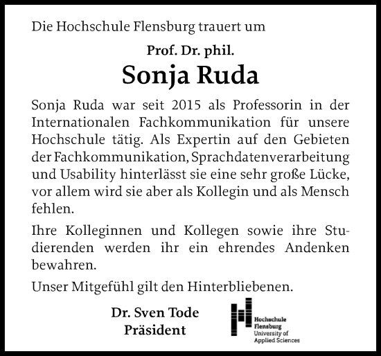 Traueranzeige von Sonja Ruda von Flensburger Tageblatt