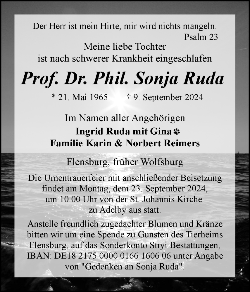  Traueranzeige für Sonja Ruda vom 14.09.2024 aus Flensburger Tageblatt