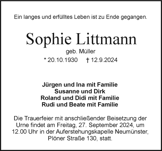 Traueranzeige von Sophie Littmann von Holsteinischer Courier