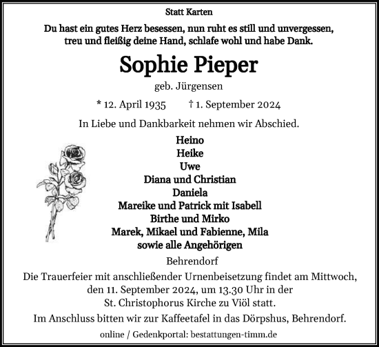 Traueranzeige von Sophie Pieper von Husumer Nachrichten, Nordfriesland Tageblatt