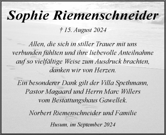 Traueranzeige von Sophie Riemenschneider von Husumer Nachrichten, Nordfriesland Tageblatt