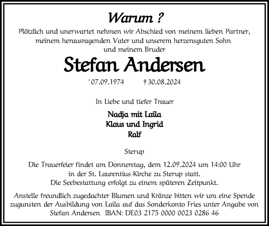Traueranzeige von Stefan Andersen von Flensburger Tageblatt