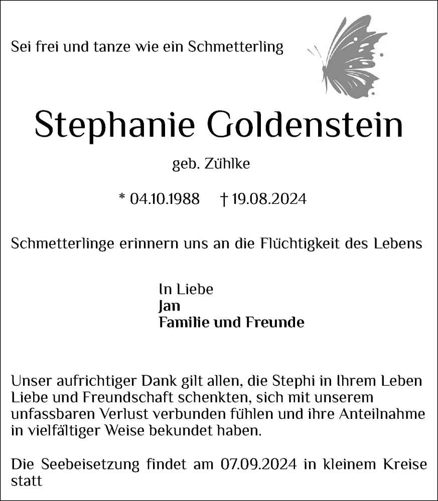  Traueranzeige für Stephanie Goldenstein vom 04.09.2024 aus Region Pinneberg und tip Pinneberg