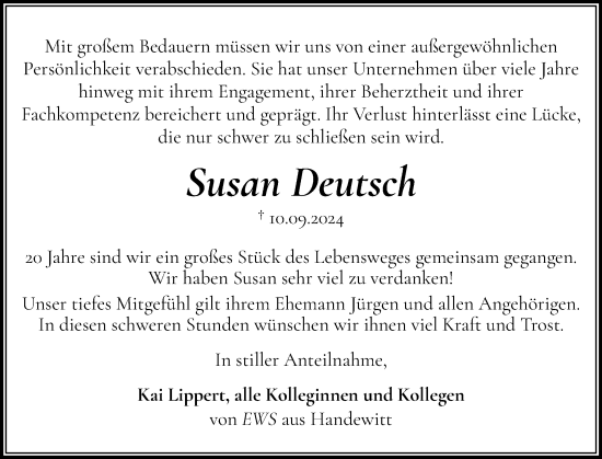 Traueranzeige von Susan Deutsch von Flensburger Tageblatt