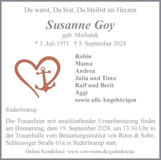 Traueranzeige von Susanne Goy von Schleswiger Nachrichten, Schlei-Bote