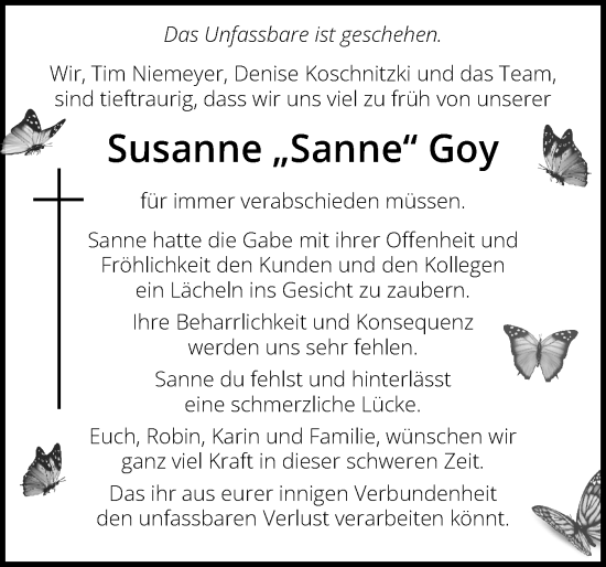 Traueranzeige von Susanne Goy von Schleswiger Nachrichten, Schlei-Bote