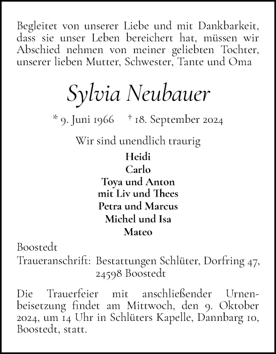 Traueranzeige von Sylvia Neubauer von Holsteinischer Courier