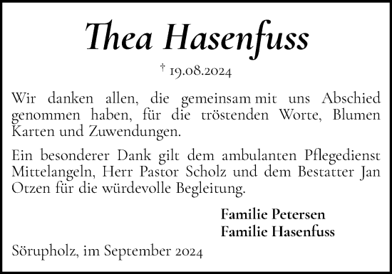 Traueranzeige von Thea Hasenfuss von Flensburger Tageblatt