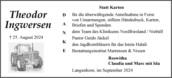 Traueranzeige von Theodor Ingwersen von Husumer Nachrichten, Nordfriesland Tageblatt