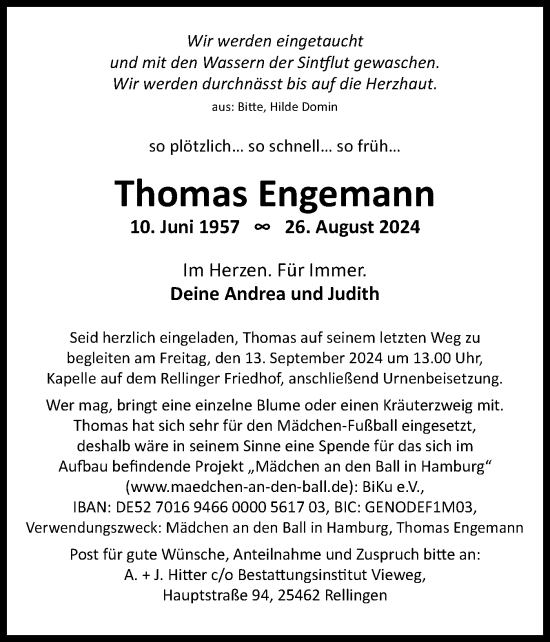 Traueranzeige von Thomas Engemann von Region Pinneberg und tip Pinneberg