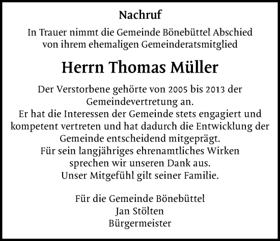 Traueranzeige von Thomas Müller von Holsteinischer Courier