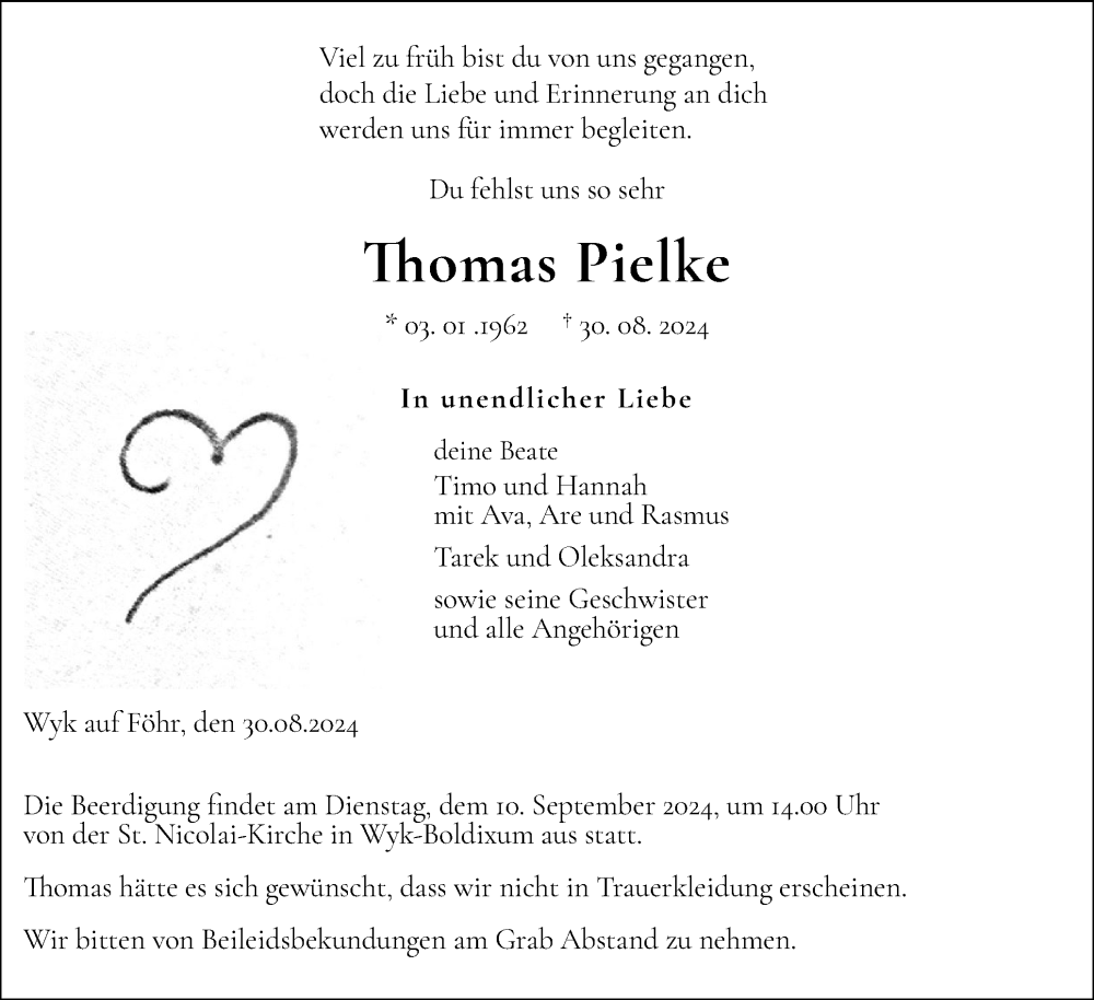  Traueranzeige für Thomas Pielke vom 06.09.2024 aus Der Insel-Bote