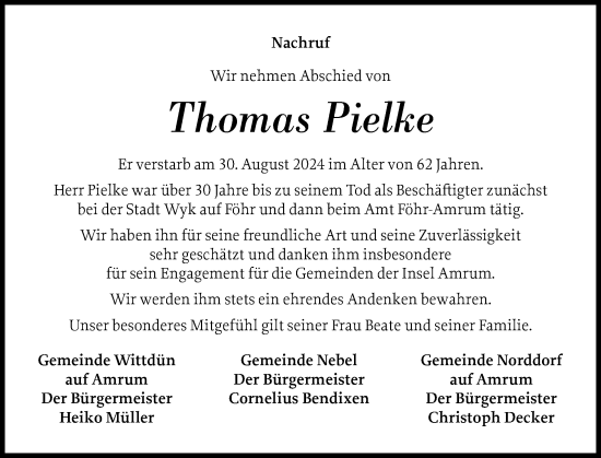 Traueranzeige von Thomas Pielke von Der Insel-Bote