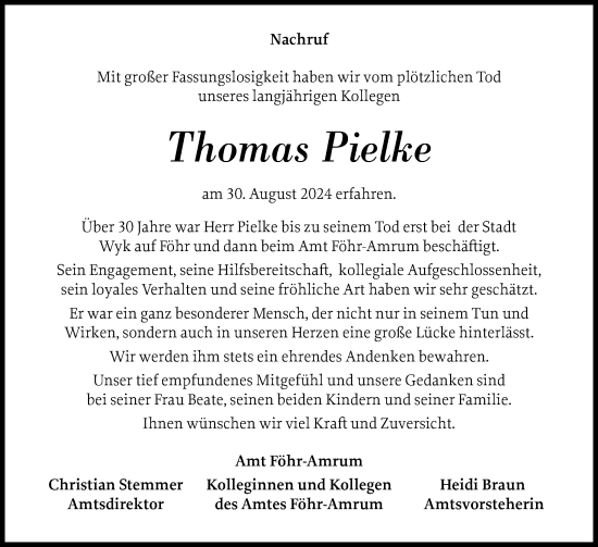 Traueranzeige von Thomas Pielke von Der Insel-Bote