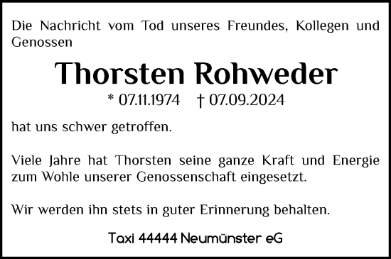 Traueranzeige von Thorsten Rohweder von Holsteinischer Courier