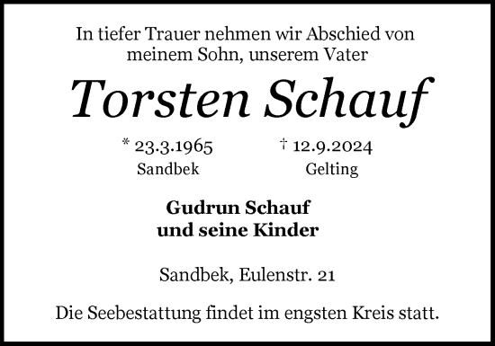 Traueranzeige von Torsten Schauf von Schleswiger Nachrichten, Schlei-Bote