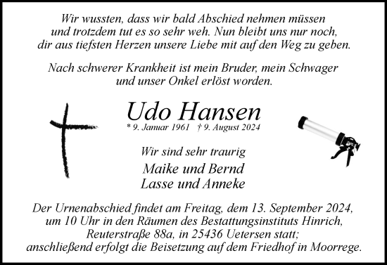 Traueranzeige von Udo Hansen von Uetersener Nachrichten, Der tip am Wochenende