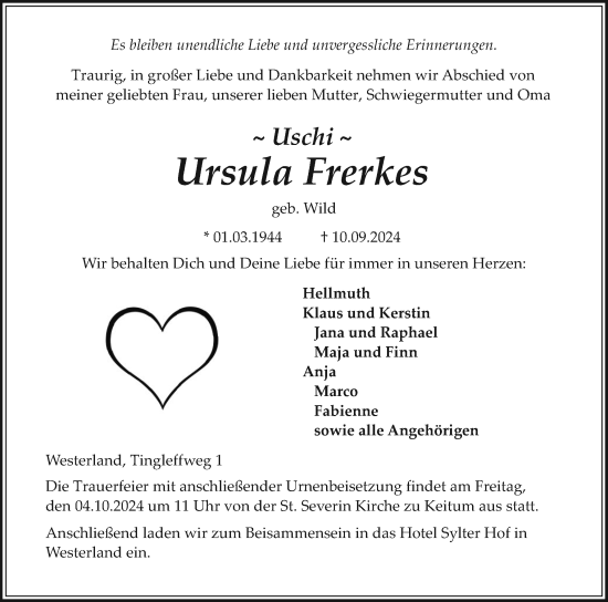 Traueranzeige von Ursula Frerkes von Sylter Rundschau