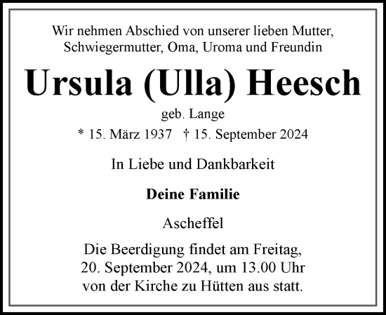 Traueranzeige von Ursula Heesch von Eckernförder Zeitung